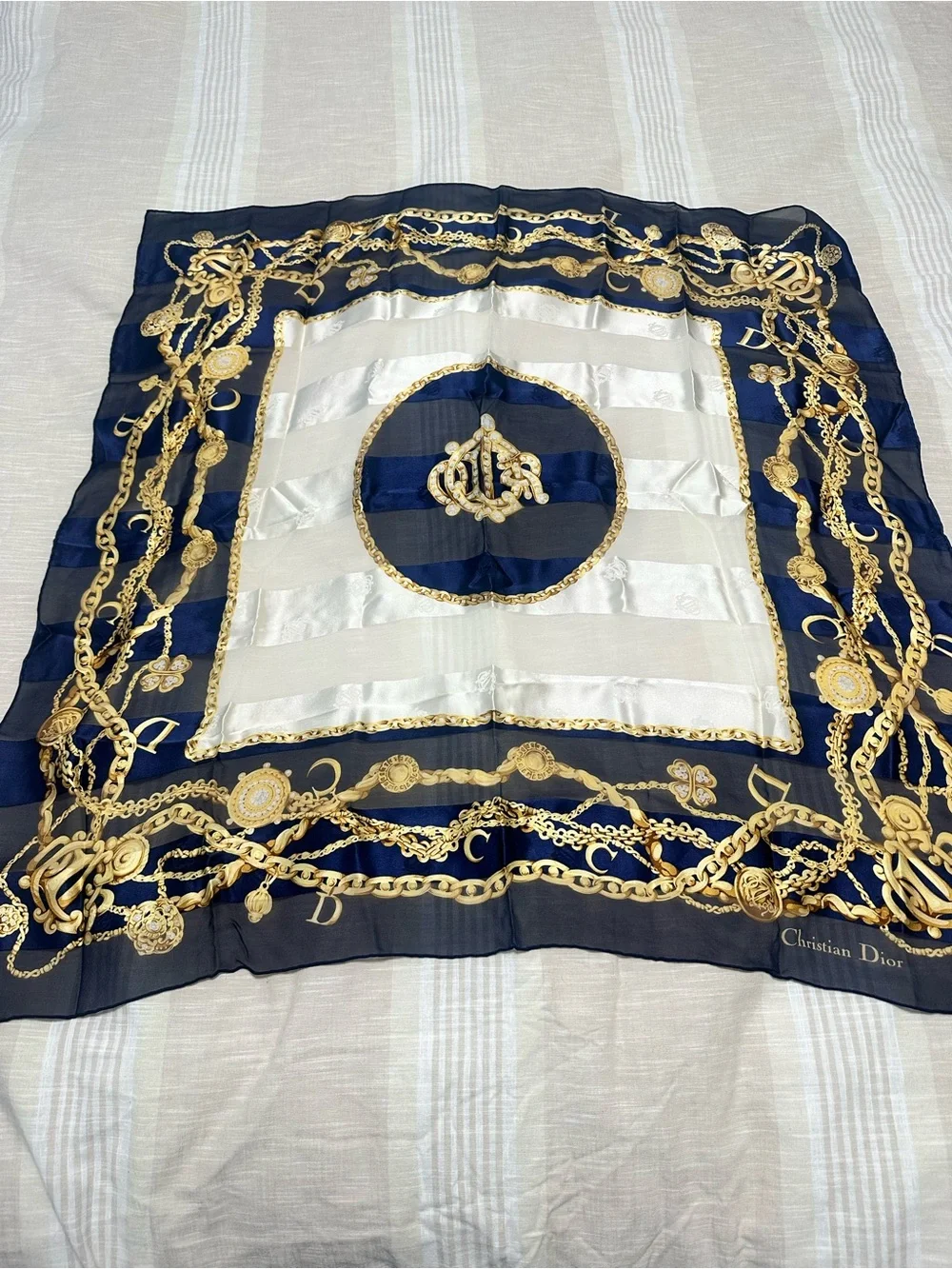 Dior Navy & Gold Chain Print Silk Scarf